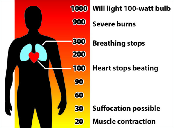 Part of a Scale Diagram showing the harmful effects of electricity as the voltage goes up