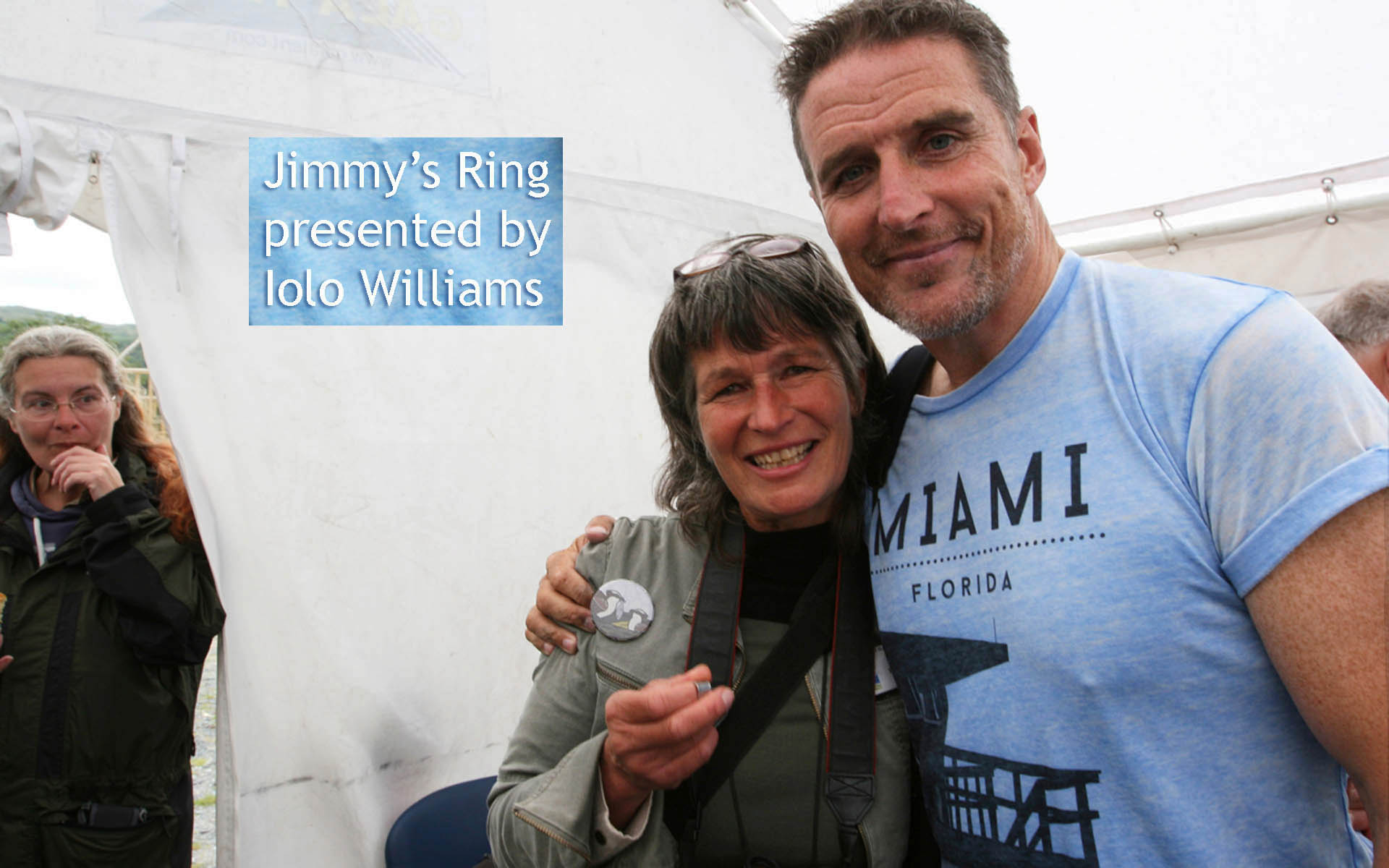 Gail being presented with Jimmy's ring by Iolo Williams on 31 July 2015
